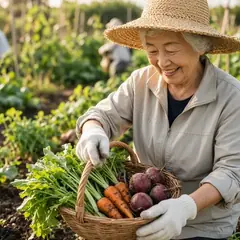 畑で、80代の女性が笑顔で野菜を収穫しているイメージ写真