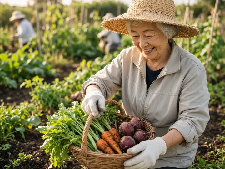 地域の畑で、80代の女性が野菜を収穫しているイメージ写真