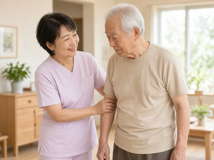 介護施設で、60代の女性職員が高齢の男性の歩行をそばで支えているイメージ写真