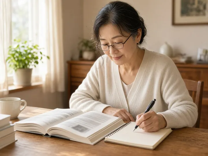 自宅のテーブルで、50代の女性がテキストを開いて勉強しているイメージ写真