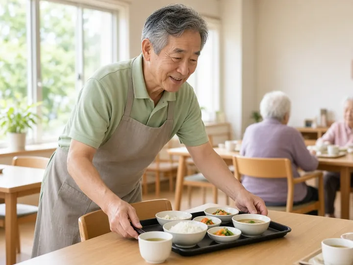 介護施設の明るい食堂で、エプロン姿の60代の男性が食事のトレーをテーブルに配っているイメージ写真