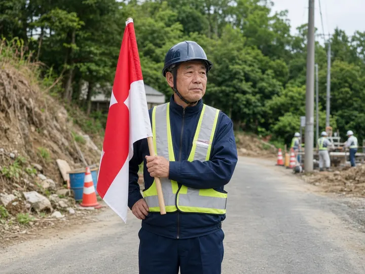 道路工事の現場で、ヘルメットと反射ベストを着けた60代の男性警備員が紅白の旗を持って立っているイメージ写真