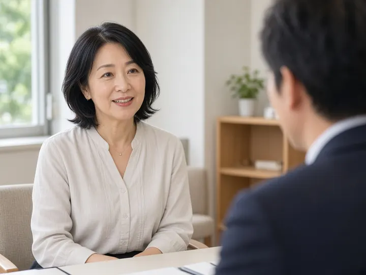 明るい会議室で、50代の女性が面接担当者と向かい合い、笑顔で話しているイメージ写真