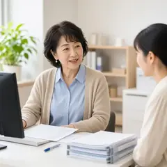事務所の机で、50代の女性が若い同僚と話しながら仕事をしているイメージ写真