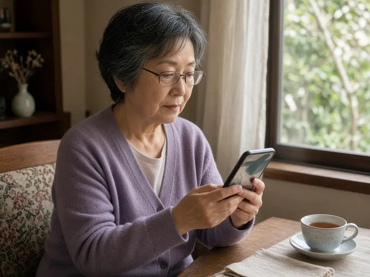自宅のリビングで、60代の女性がスマートフォンの画面を見ながらほほえんでいるイメージ写真