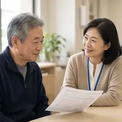 ハローワークのような相談窓口で、60代の男性が職員と求人票を見ながら話しているイメージ写真