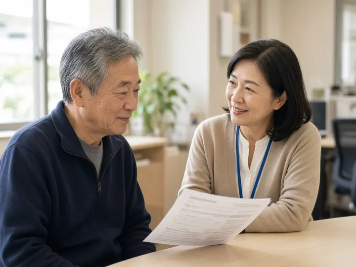 相談窓口で、60代の男性が職員と求人票を見ながら話しているイメージ写真